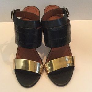 Elizabeth and James black croc & gold strap heels